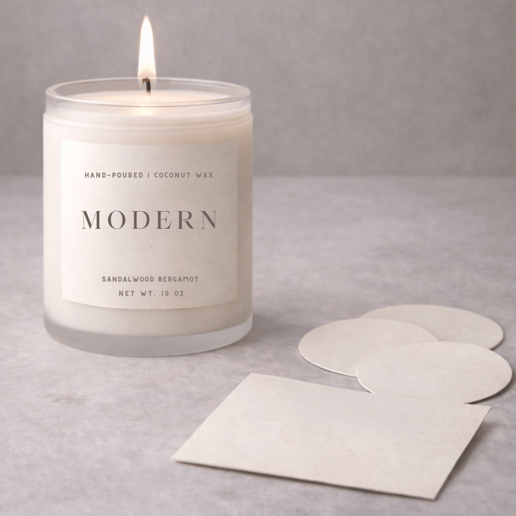 Luxury candle labeling setup with finished jar candle and fragrance oil representing compliance verification before selling handmade candles