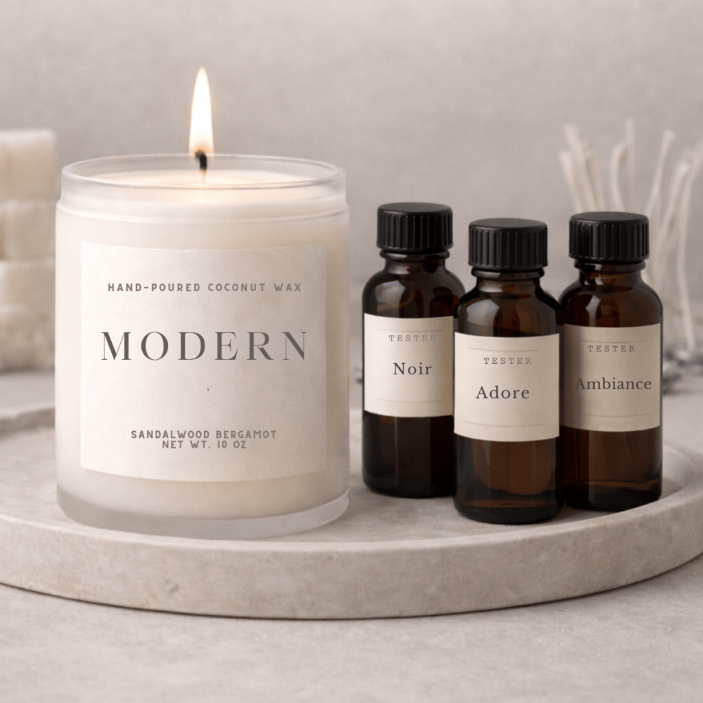 Luxury candle recipe development setup with finished jar candle, fragrance oil and wax materials representing formula testing and scoring process