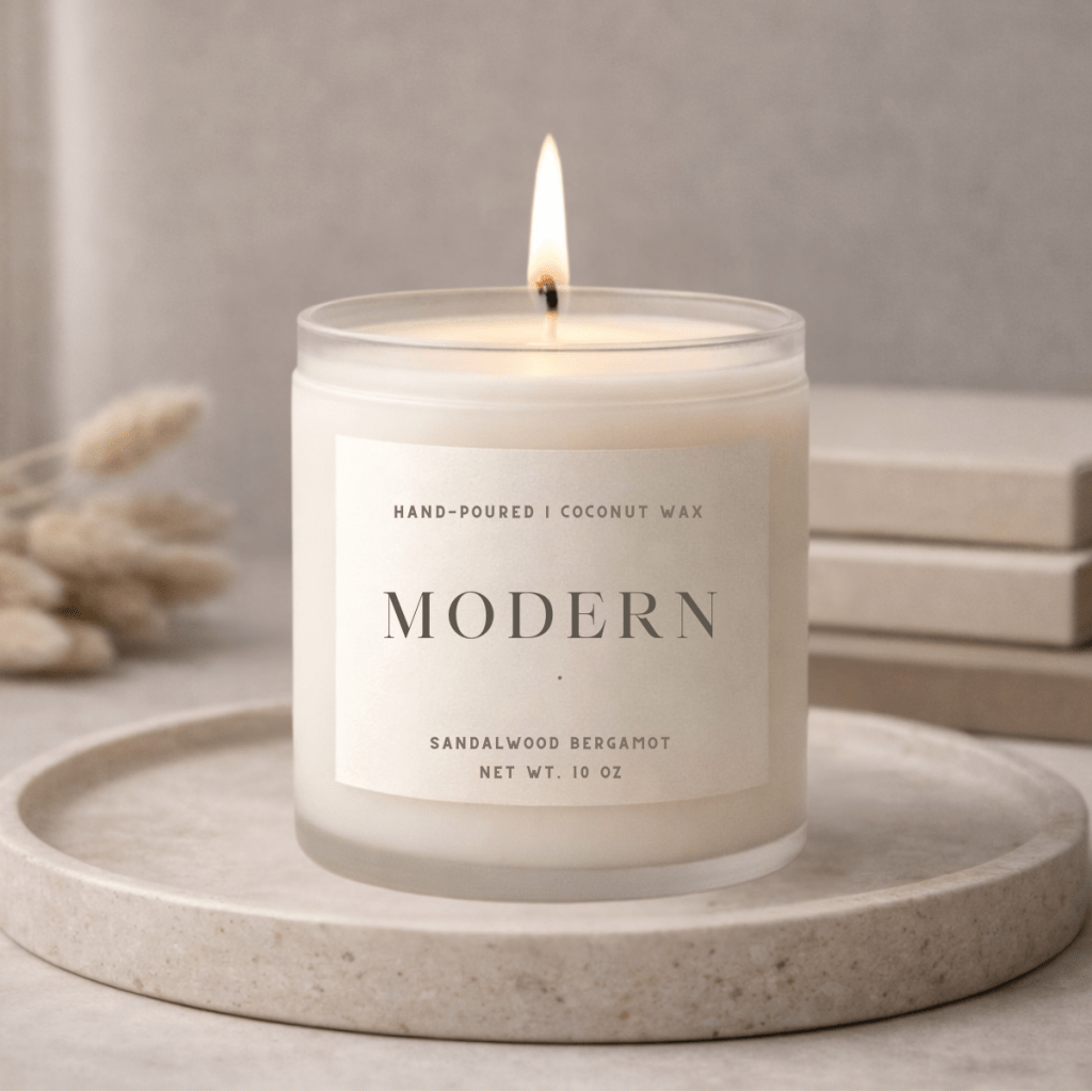 Luxury candle making setup with wax cubes, fragrance oil bottle, thermometer and finished jar candle representing step by step candle production process