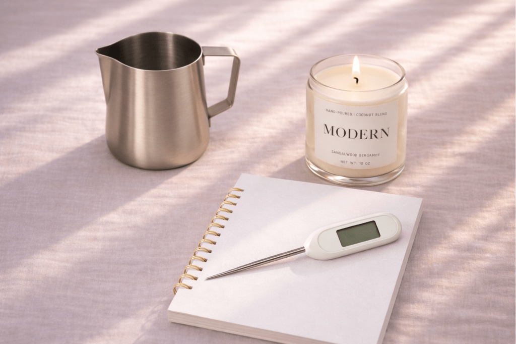 Stainless steel candle wax pouring pitcher, lit candle, digital thermometer on spiral notebook, natural light workspace setup for candle production workflow.