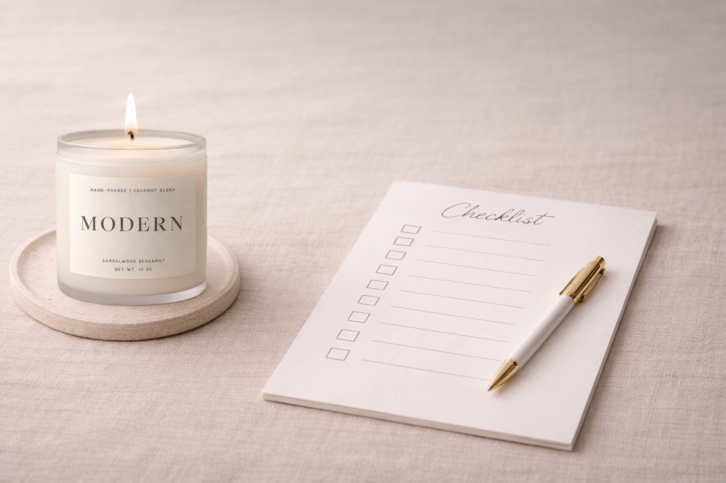 Frosted glass luxury candle beside approval checklist and pen on neutral linen surface representing candle quality control decision process
