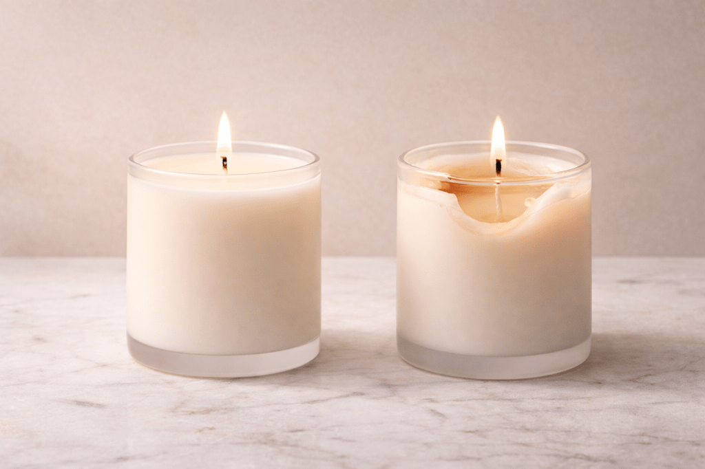 Two luxury coconut wax candles in frosted glass jars showing smooth even burn vs tunneling and uneven melt pool on marble surface