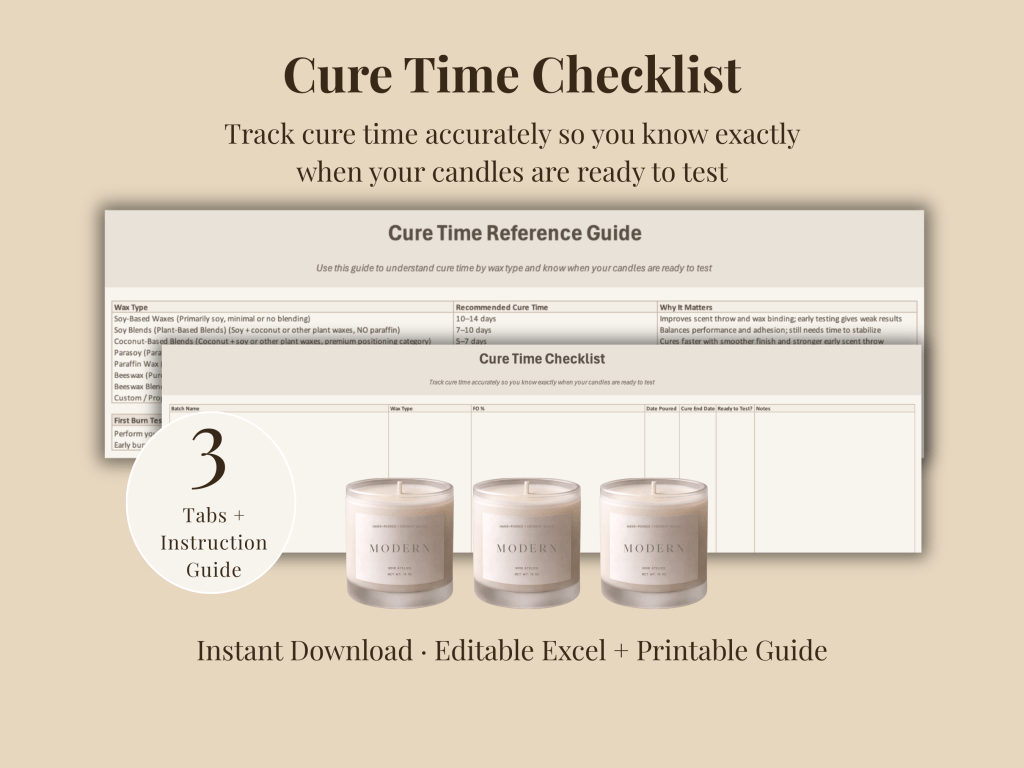 Candle cure time checklist template for tracking pour dates, cure time, and test readiness in Excel
