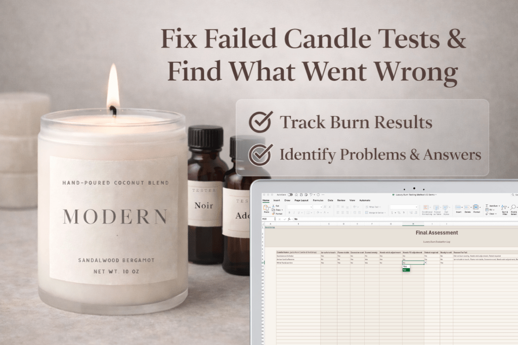 Candle burn testing workbook showing final assessment results with ready to sell, fail, and retest indicators on a laptop screen