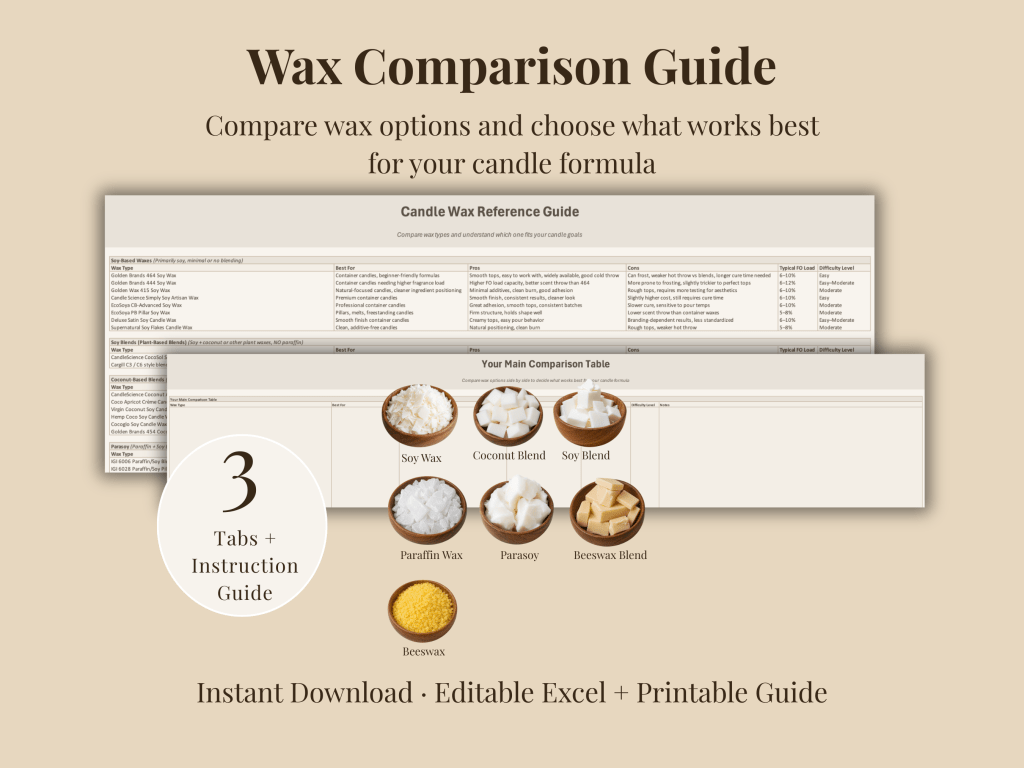 Wax comparison guide for candle making showing soy, coconut, paraffin, parasoy, and beeswax options